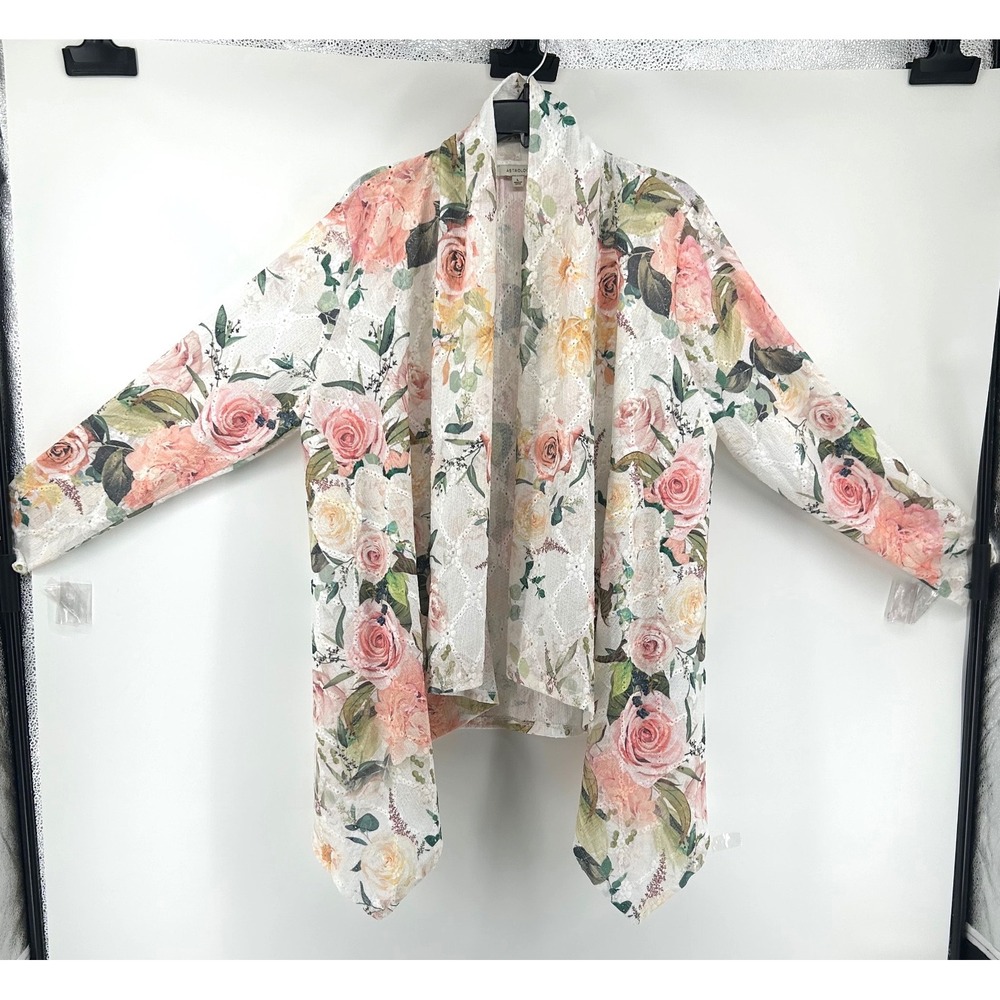 Astrologie Womens Large Floral Eyelet Lace Open Front Draped Cardigan Pink White